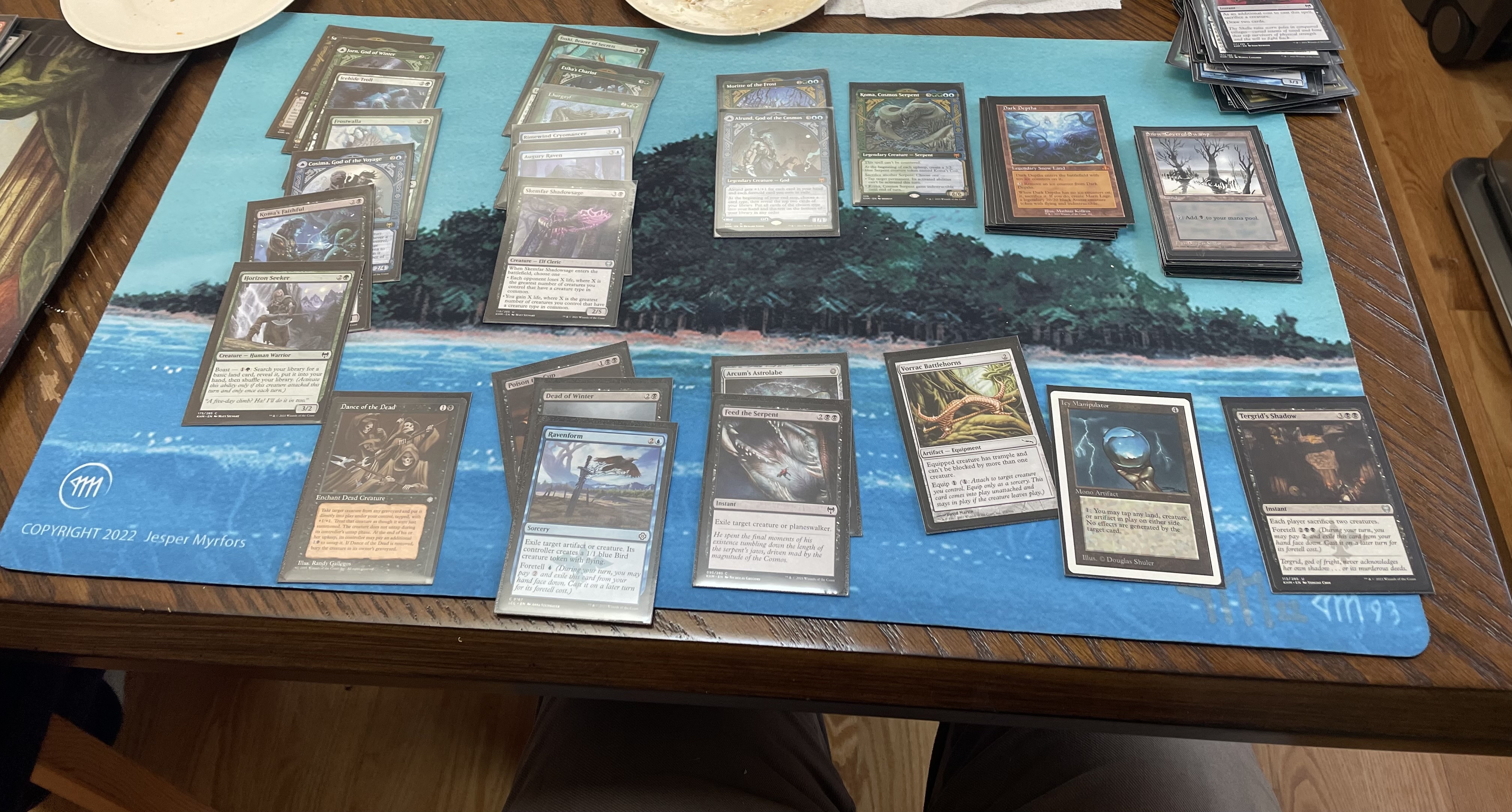 Blue-Black-Green Monsters deck laid out on the table